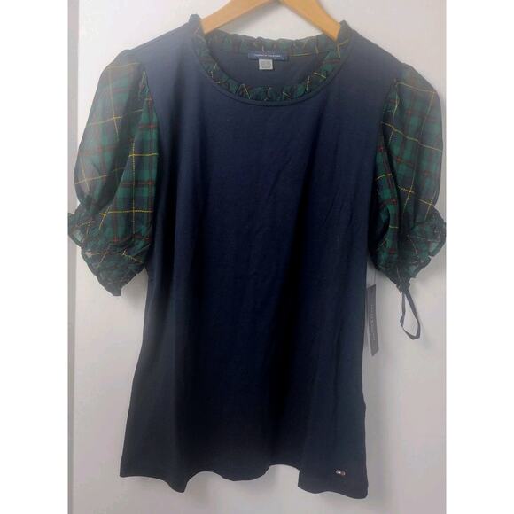 New~ Women's Tommy Hilfiger Plaid Trim Puffed Sleeve Top Medium - Picture 2 of 8